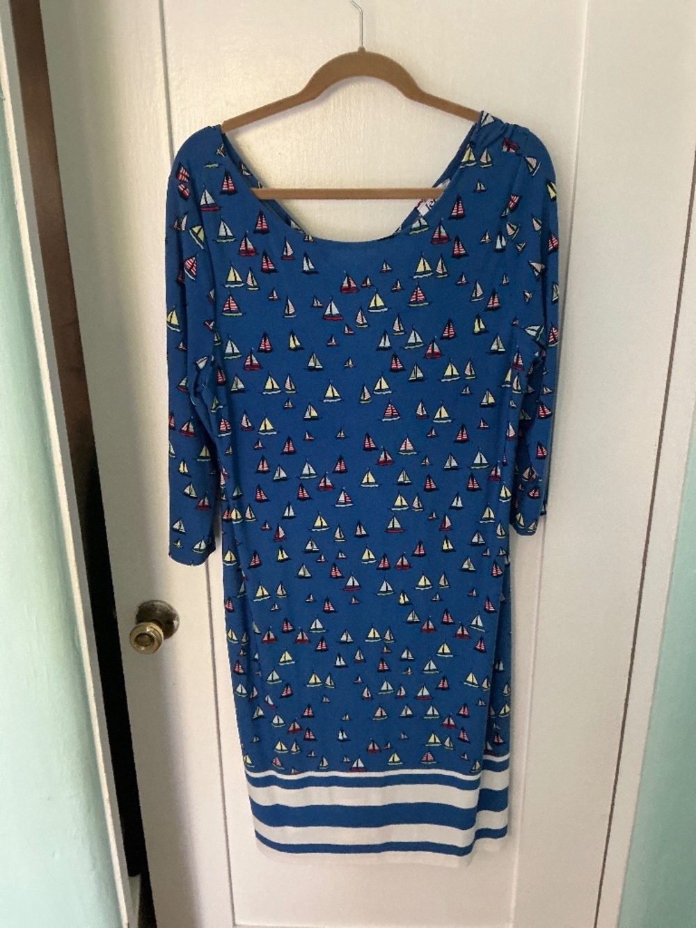 Leota Blue Sailboat Print Dress Nautical 3/4 Sleeve Midi Dress, Size 1L